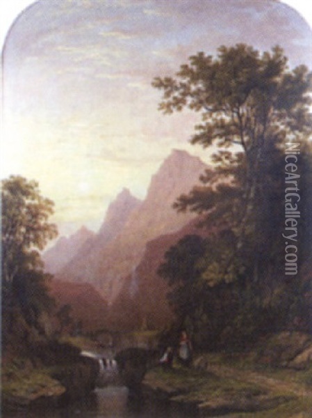 Figures In A River Valley Oil Painting - James Fahey