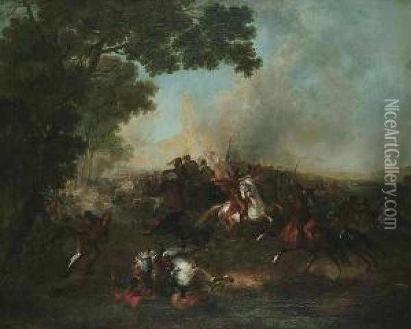 A Scene From The Seven Years War Depicting A Battle Between The Prussians And The Austrians Oil Painting - Johann Jacob Schalch