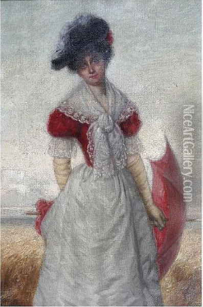 An Elegant Lady, With A Parasol, Before A Cornfield Oil Painting - Wilhelm Karl Juncker