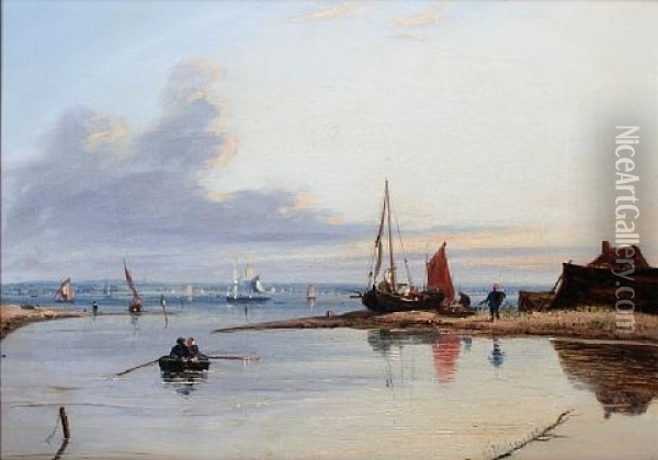 A Busy Fishing Estuary In A Calm Oil Painting - Francis Moltino