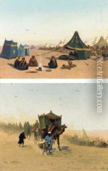 The Caravan; And An Arab Encampment Oil Painting - Charles Theodore Frere
