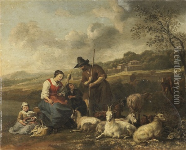 Rastende Schaferfamilie In Weiter Landschaft Oil Painting - Hendrick Mommers