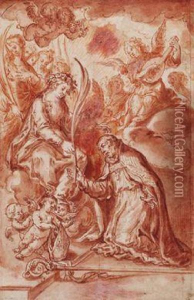 Ein Hl. Bischof Erhalt Die Siegespalme Aus Den Handen Der Hl. Jungfrau Maria Oil Painting - Abraham Bloemaert