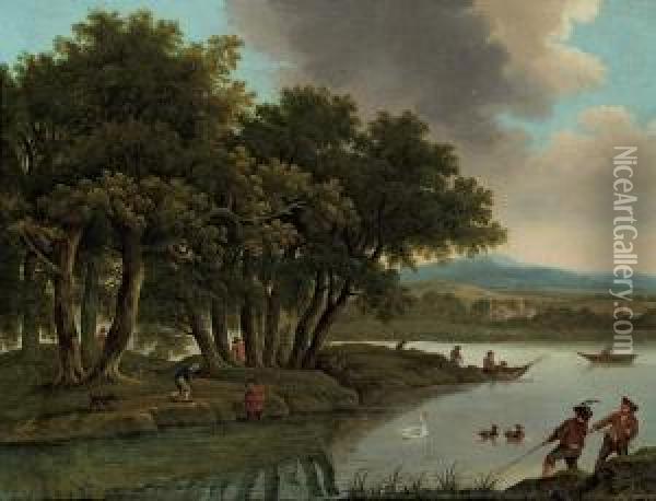 Flusslandschaft Mit Fischer Oil Painting - Peter Von Bemmel