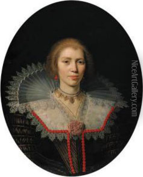 Portrait Of A Lady, Bust-length,
 In A Gold-brocaded Black Dresswith An Elaborate Lace Collar And Coral 
Beading Oil Painting - Paulus Moreelse