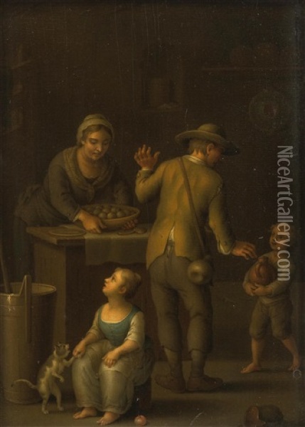Familie Mit Katze In Der Kuche Oil Painting - Justus Juncker