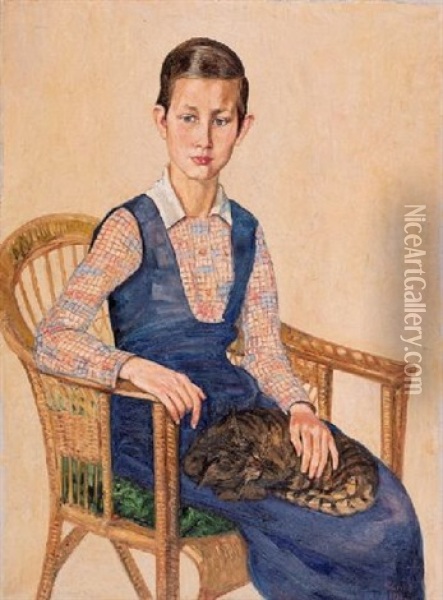 Madchen Mit Katze Im Korbstuhl Oil Painting - Alexander Gerbig