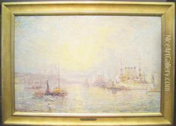 Battleships On Hudson, Prince Louis Of Battenberg Visit Oil Painting - Henrik Reuterdahl