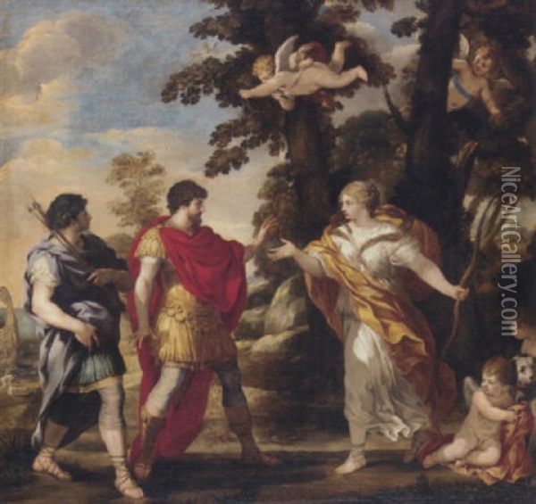 Venus Disguised As A Huntress Appearing In Aeneas And Achates Oil Painting - Pietro da Cortona