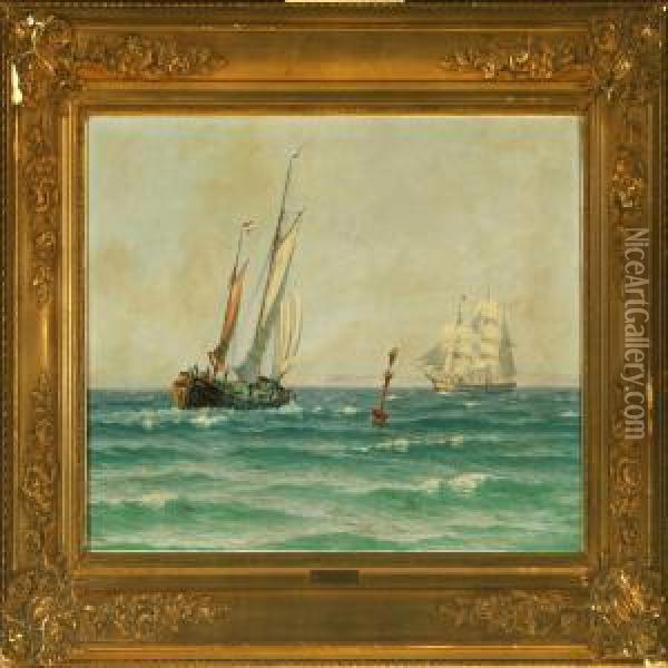 Seascapewith Fregatten Jylland And Dutch Schooner Oil Painting - Alfred Theodor Olsen