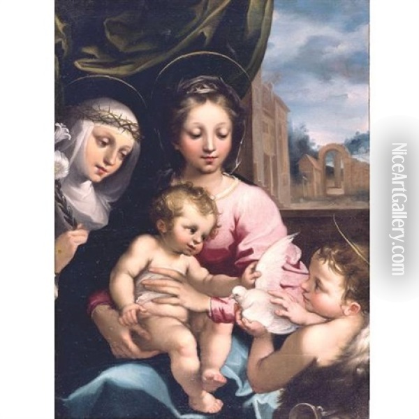 The Madonna And Child With The Infant Saint John The Baptist And Saint Catherine Of Siena Oil Painting - Rutilio Manetti