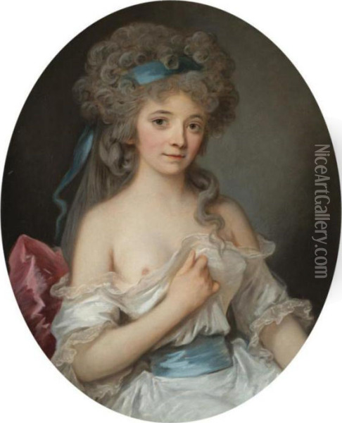 Portrait Of A Young Lady, 
Half-length, Wearing A White Dress With Ablue Ribbon In Her Hair Oil Painting - Angelica Kauffmann