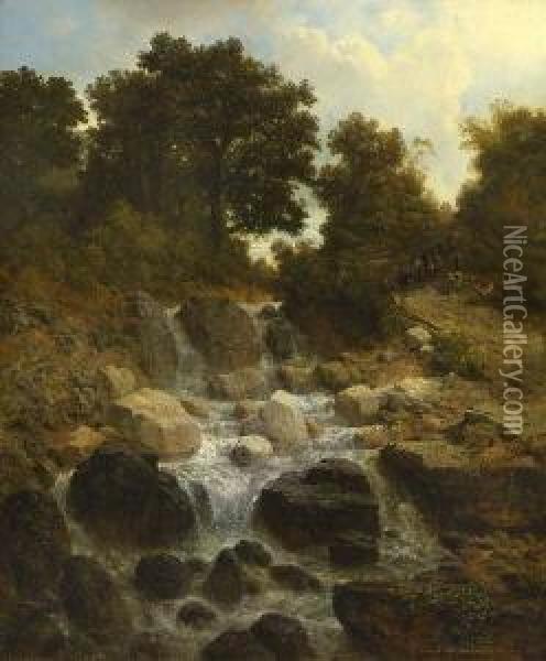Hirtin Mit Herde Am
 Wasserfall. Oil Painting - August Richard Zimmermann