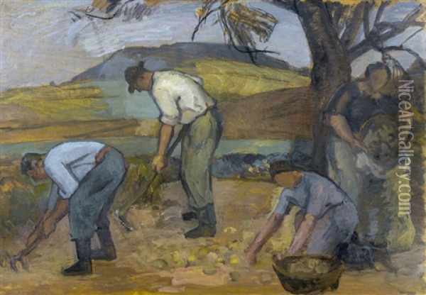 Bauer Bei Der Feldarbeit (+ Kartoffelernte (study), Verso) Oil Painting - Jacques Elie Abraham Hermanjat