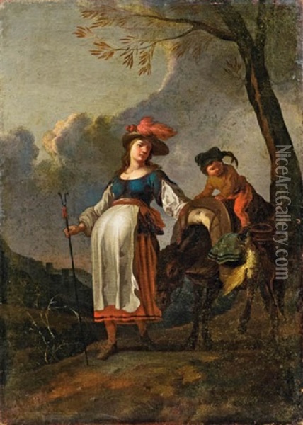 Schwangere Frau Mit Esel Und Kind Oil Painting - Karel Dujardin
