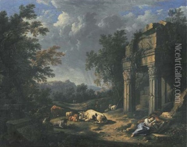 A Wooded Landscape With Travellers Resting Amongst Classical Ruins, Cattle, Sheep And Goats Nearby Oil Painting - Johann Franciscus Ermels