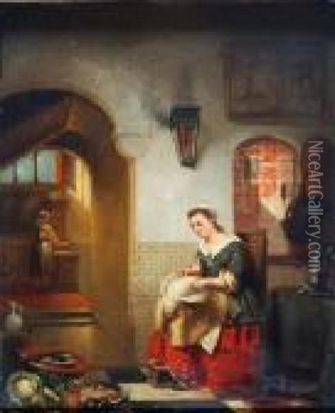 Interior Of A Kitchen With Maid Plucking A Chicken While Seated On A Chair Oil Painting - Johannes Anthonie Balthasar Stroebel