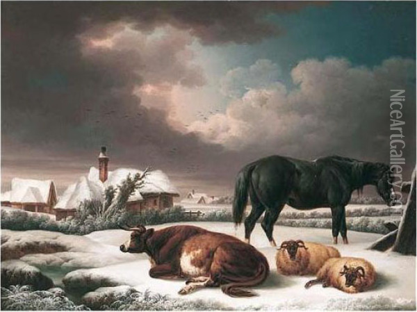 Farm Animals In A Snowy Landscape Oil Painting - Charles Towne