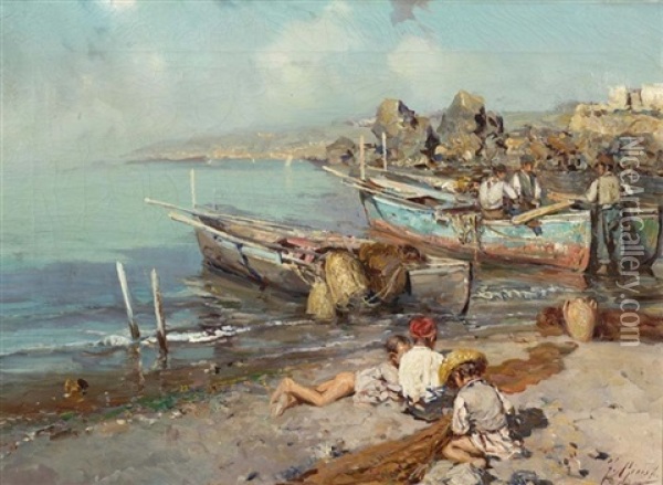 Bucht Von Neapel Mit Fischern Und Kindern Am Ufer Oil Painting - Fausto Giusto