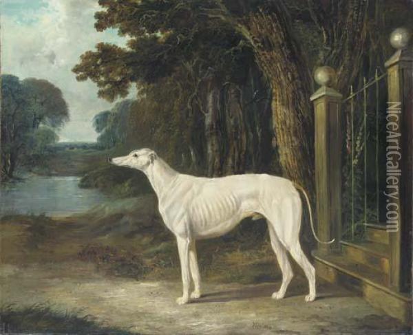 Vandeau, A Greyhound Outside The Steps Of A Country House Oil Painting - John Frederick Herring Snr