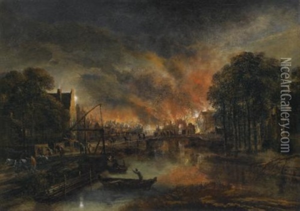 A Moonlit Landscape With A Burning Village Oil Painting - Aert van der Neer