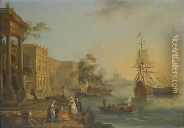 A Capriccio View Of The Custom House And Embankment In London With Figures On The Quay In The Foreground Oil Painting - Jean-Baptiste Lallemand
