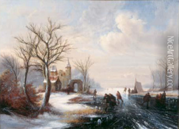 Paysage D'hiver Avec Des Patineurs Oil Painting - Johannes Petrus van Velzen