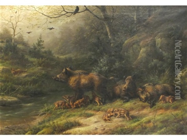 Wild Boars In A Wooded Landscape, A Fox Beyond Oil Painting - Johannes Christian Deiker