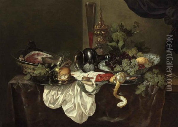 A Roemer, A Bread Roll, A Peeled Lemon, A Langoustine And A Ham On Pewter Plates, With An Upturned Pewter Jug, Grapes And A Lemon In A Wan-li Kraak Porcelain Bowl, A Tall Wine Glass And A Cup And Cover On A Partially Draped Table Oil Painting - Abraham van Beyeren