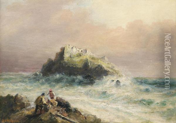Fishermen On The Rocks Before A Castle Oil Painting - S.L. Kilpack