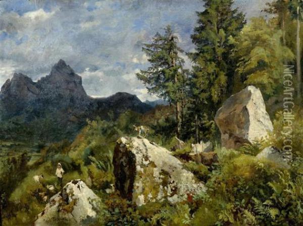 Landscape With Mountains And A Goatherd Oil Painting - Jean-Marc Dunant-Vallier