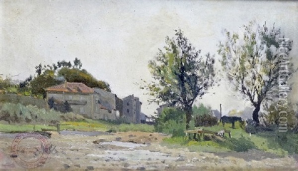 L'entree Du Village Oil Painting - Edmond Marie Petitjean