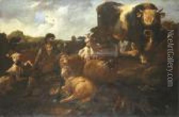 A Peasant Surrounded By Dogs, Sheep, A Bull Oil Painting - Philipp Peter Roos