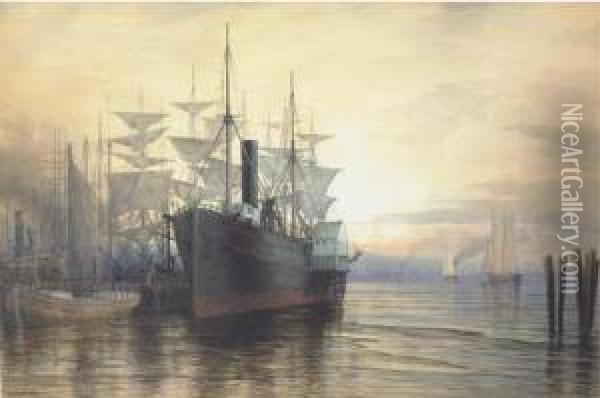 Sunset, New York Harbor Oil Painting - Henry Farrer
