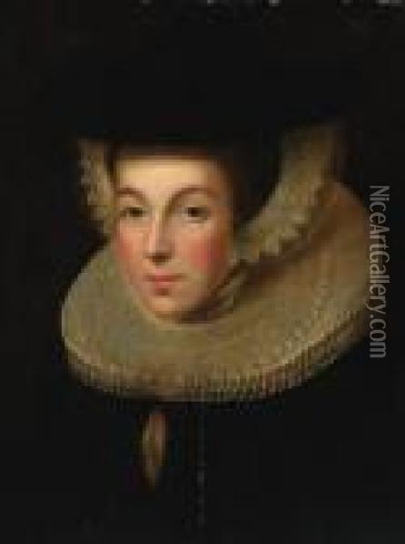 Portrait Of A Lady, Bust-length, In A Black Dress With A Ruff,wearing A Black Hat Oil Painting - Willem Key