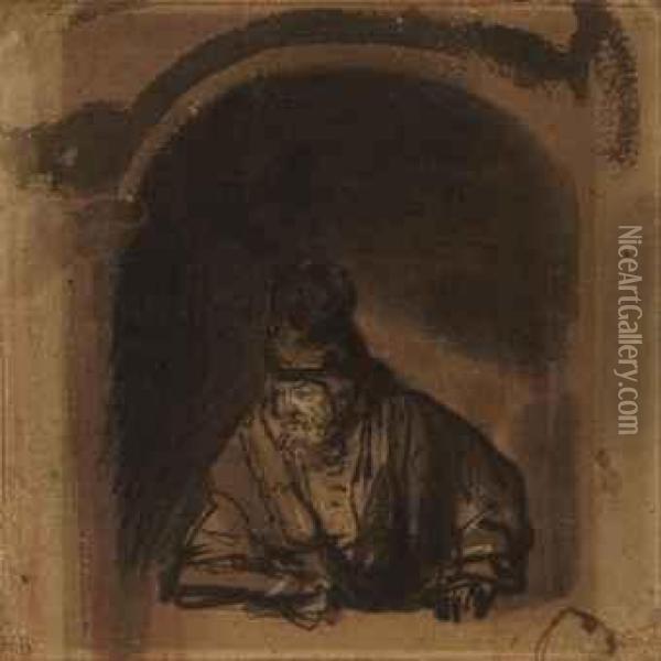 A Bearded Old Man Leaning On A Window Sill Oil Painting - Rembrandt Van Rijn