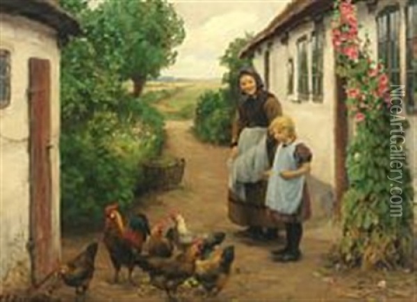 Honsene Fodres Oil Painting - Hans Andersen Brendekilde