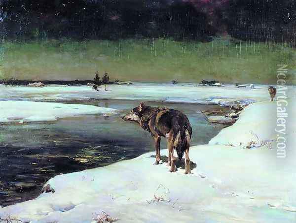 Wolf at Night (Wolfe in der Nacht) Oil Painting - Alfred Wierusz-Kowalski