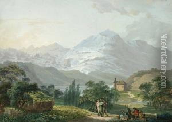 Alplandskap Med Vandrare Oil Painting - Johann Georg Volmar