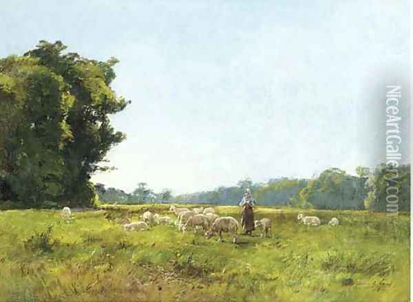 A shepherdess with her flock in a summer meadow Oil Painting - Fauvel
