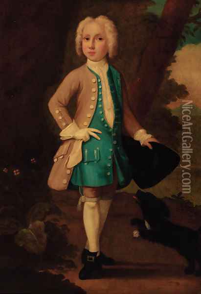 Portrait of a boy, full-length, in a blue waistcoat and brown coat Oil Painting - English School