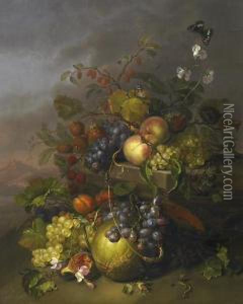 Still Life With Several Fruits As Well As Butterflies And A Lizard, In Front Of A Landscape Oil Painting - Jacob van Walscapelle