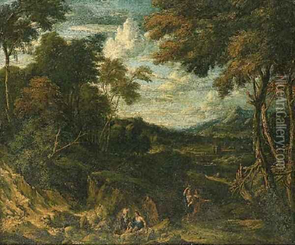 A wooded landscape with classical figures on a path and by a stream, a villa beyond Oil Painting - Jan Baptist Huysmans