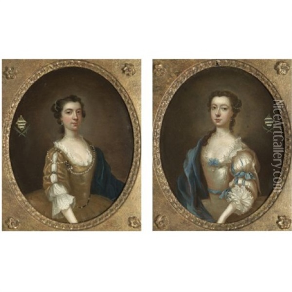 Portraits Of Two Sisters Of The Moult Family Of Nottinghamshire (pair) Oil Painting - Arthur Devis