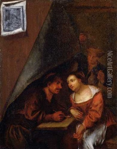 Trompe-l'oeil-bild Mit Einem Dreifigurigen Genrebild Und Einer Aufgehangten Zeichnung Oil Painting - Samuel Van Hoogstraten