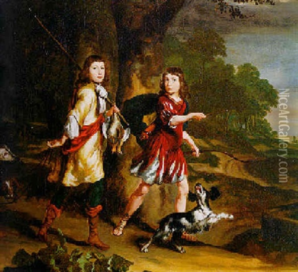 Portrait Of Two Young Boys As Hunters In A Landscape Oil Painting - Nicolaes Maes