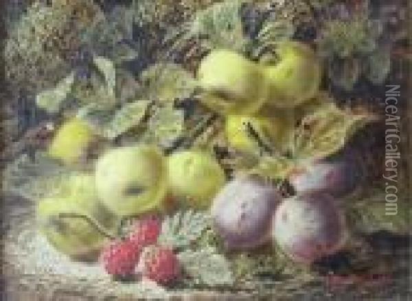 Still Life Of Apples, Plums And Raspberries On A Mossy Bank Oil Painting - Oliver Clare