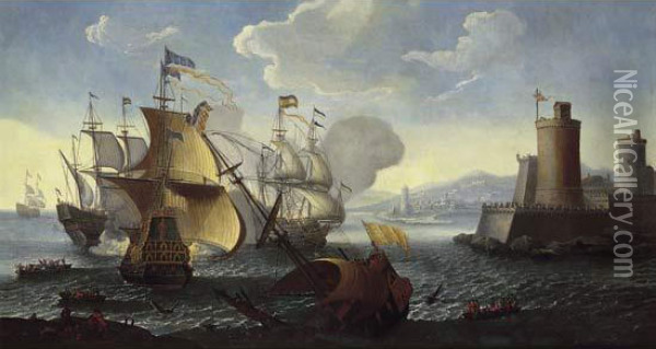 Bataille Navale Aux Abords D'un Port Fortifie Oil Painting - Jean-Baptiste De La Rose