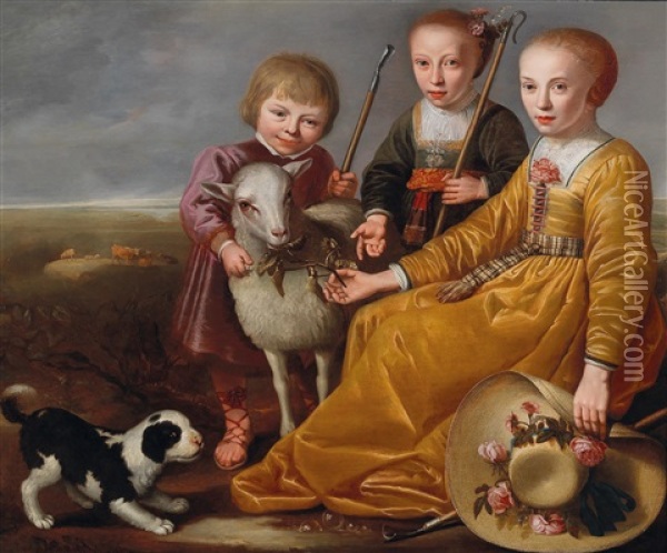 Three Children With A Goat And A Dog In A Landscape Oil Painting - Jacob Gerritsz Cuyp