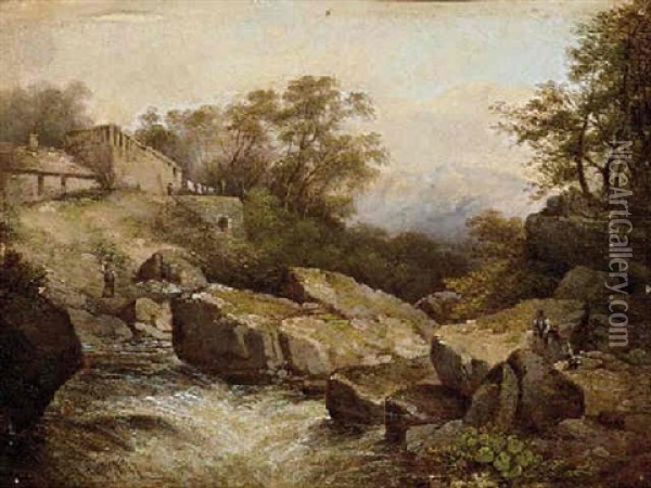 Boys By A Rocky River In A Mountainous Landscape Oil Painting - Thomas Baker